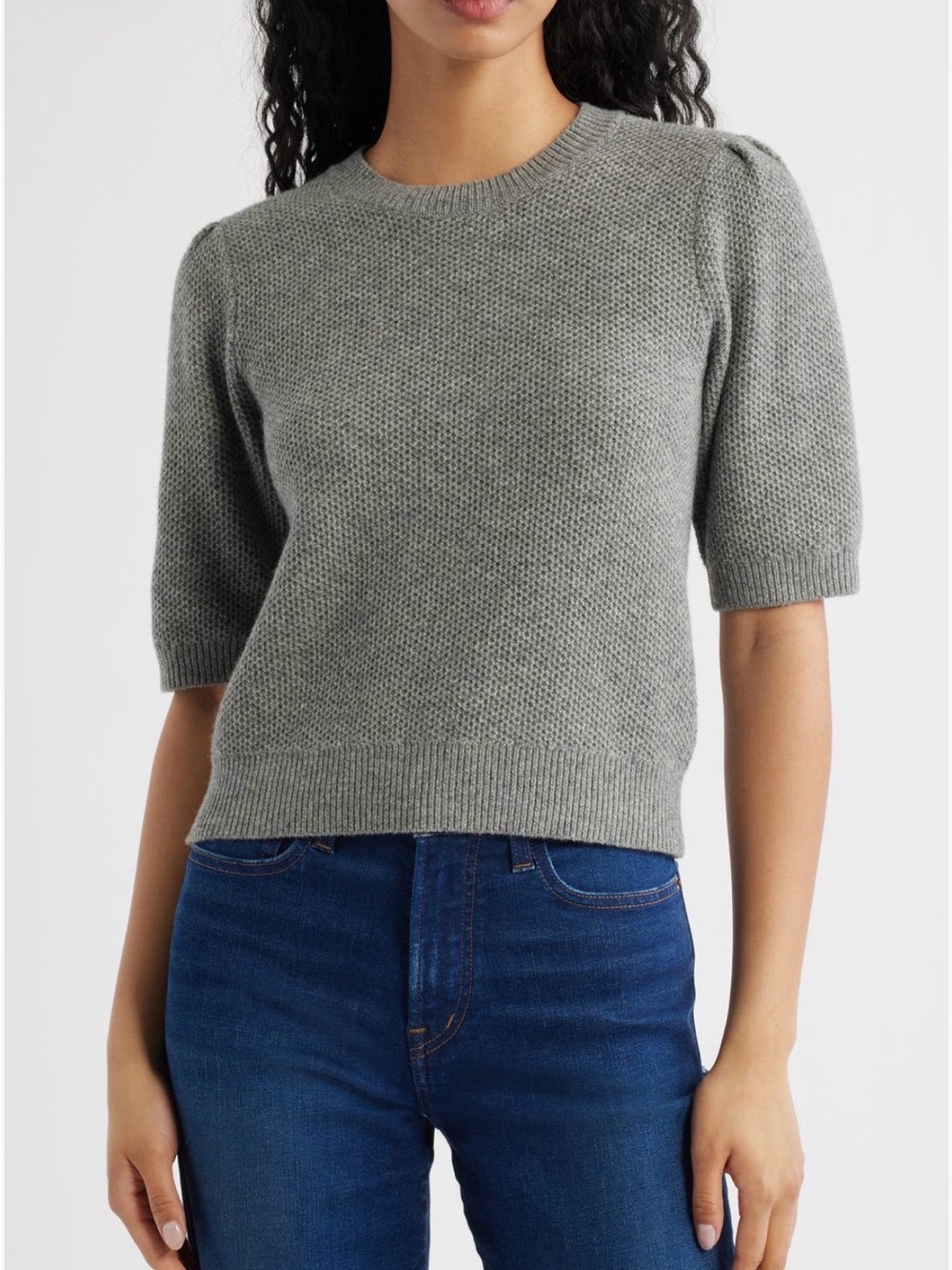 Madewell Light Gray Textured Puff Sleeve Crewneck Sweater